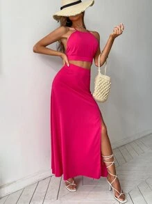 Breezaya 十字交叉後背繫帶吊帶上衣和高衩半身裙 - 玫紅色 - 查看 5