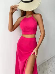 Breezaya 十字交叉後背繫帶吊帶上衣和高衩半身裙 - 玫紅色 - 查看 6