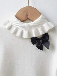 Baby Chevron Pattern Bow Front High Neck Sweater - White - View 3