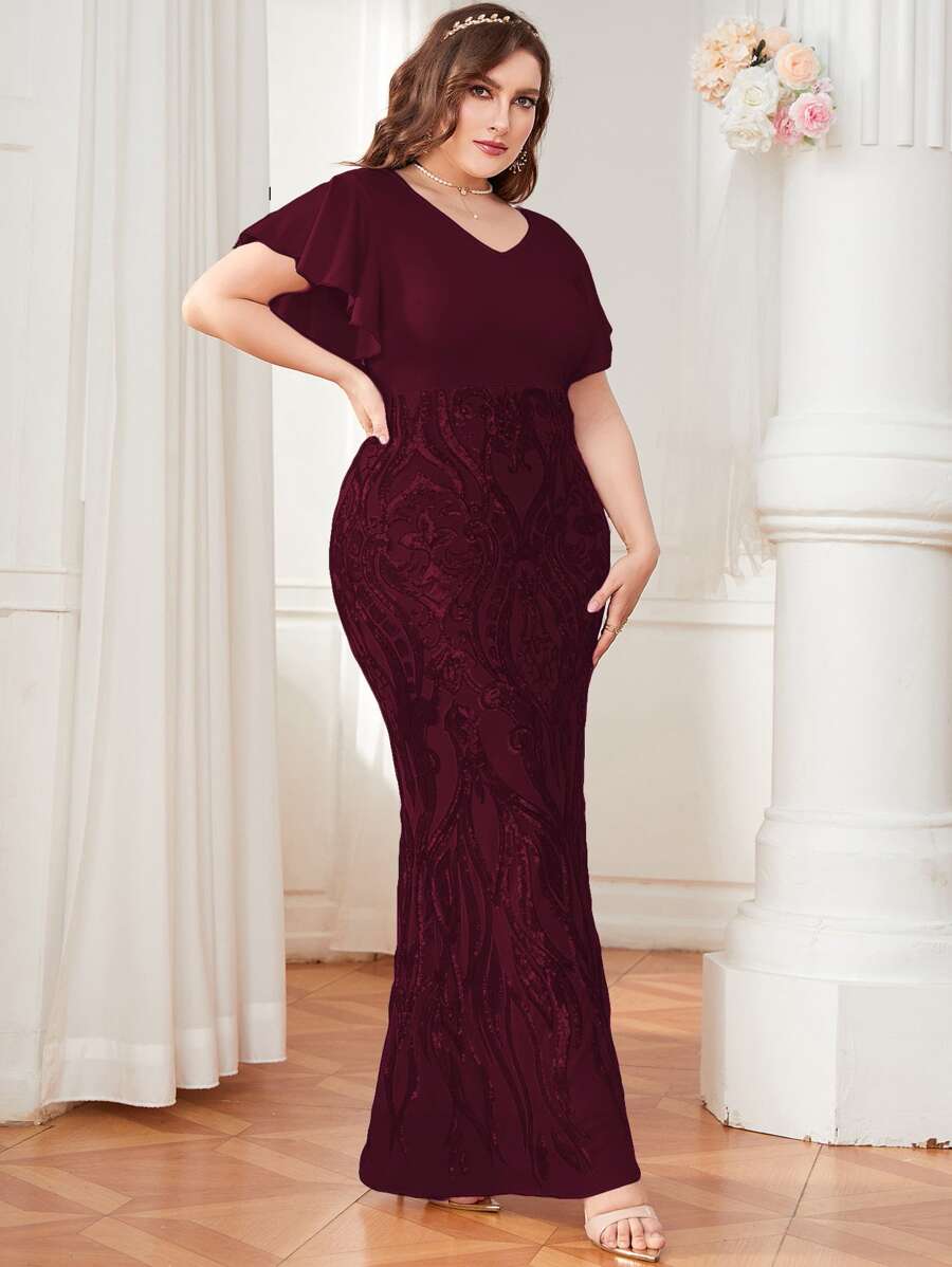 Modelyn Vestido de vestir de manga con volante con patrón de planta con lentejuelas - Granate - Ver 1