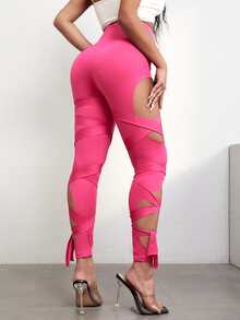 Lace Up Front Cut Out Leggings - Hot Pink - View 2