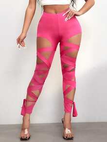 Lace Up Front Cut Out Leggings - Hot Pink - View 4