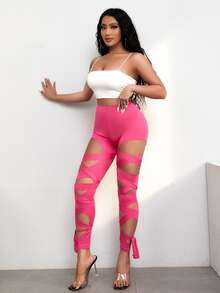 Lace Up Front Cut Out Leggings - Hot Pink - View 5
