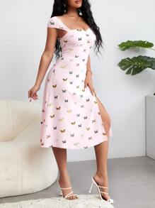 SHEIN SXY 蝴蝶圖案開衩連衣裙 - 淺粉色 - 查看 3