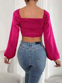 SHEIN Privé Lantern Sleeve Shirred Back Crop Top - Hot Pink - View 2