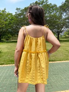 Plus Tie Shoulder Frill Trim Cami Top - Yellow - View 2