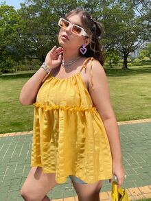 Plus Tie Shoulder Frill Trim Cami Top - Yellow - View 3