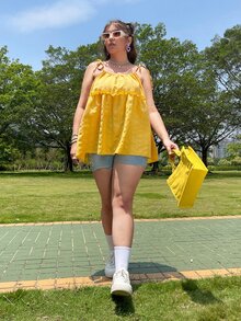 Plus Tie Shoulder Frill Trim Cami Top - Yellow - View 5