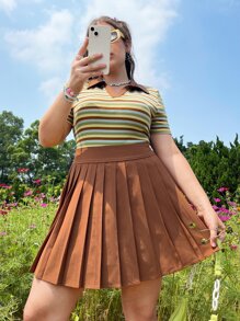 SHEIN Qutie Plus High Waist Pleated Skirt - Rust Brown - View 1