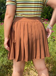 SHEIN Qutie Plus High Waist Pleated Skirt - Rust Brown - View 2