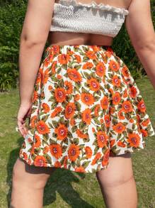 Plus Floral Print Wide Leg Shorts - Multicolor - View 2