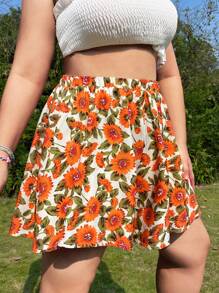 Plus Floral Print Wide Leg Shorts - Multicolor - View 4