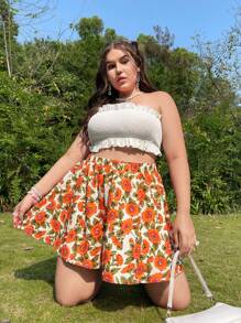 Plus Floral Print Wide Leg Shorts - Multicolor - View 5