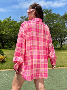 SHEIN Qutie Plus Plaid Print Pocket Patched Drop Shoulder Shirt - Hot Pink - View 2
