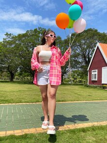 SHEIN Qutie Plus Plaid Print Pocket Patched Drop Shoulder Shirt - Hot Pink - View 3