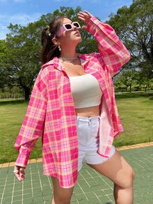 SHEIN Qutie Plus Plaid Print Pocket Patched Drop Shoulder Shirt - Hot Pink - View 5