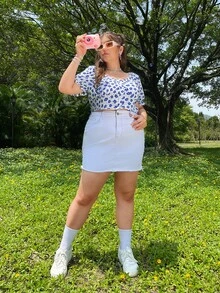 Plus Allover Floral Print Puff Sleeve Blouse - Multicolor - View 3