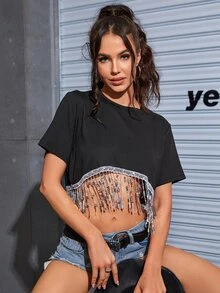 Contrast Sequin Fringe Trim Crop Tee - Black - View 4