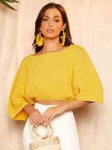 SHEIN VCAY Áo sơ mi nữ Xếp li màu trơn Boho - Màu vàng - Xem 3