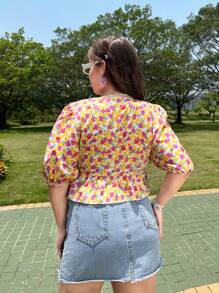 Plus Allover Floral Print Puff Sleeve Knot Front Peplum Blouse - Multicolor - View 2