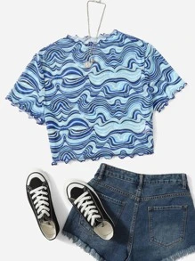 SHEIN EZwear Plus Allover Print Lettuce Trim Mesh Top - Multicolor - View 1