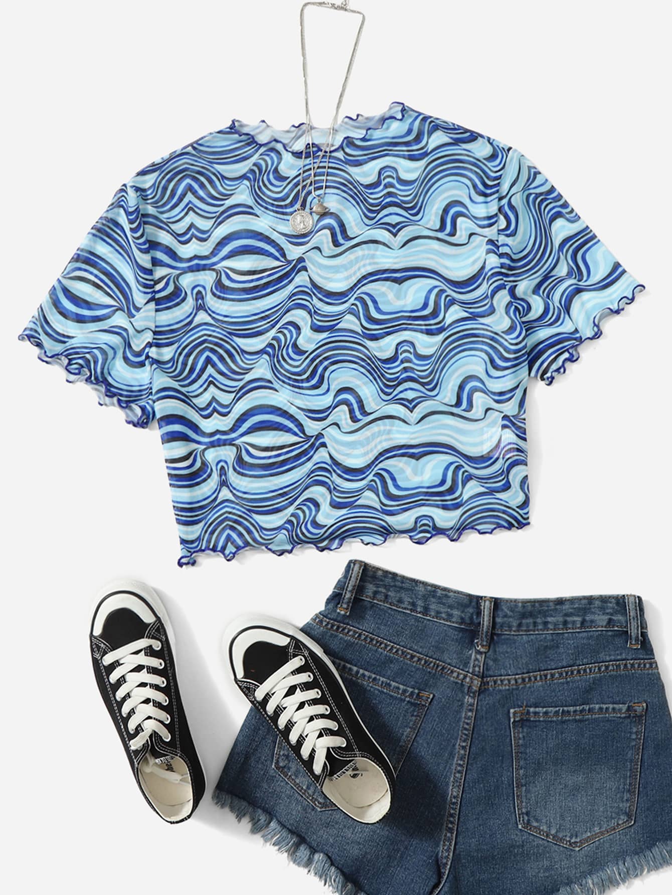 SHEIN EZwear Plus Allover Print Lettuce Trim Mesh Top - Multicolor - View 1