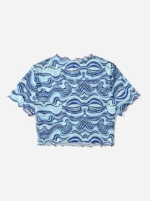 SHEIN EZwear Plus Allover Print Lettuce Trim Mesh Top - Multicolor - View 2