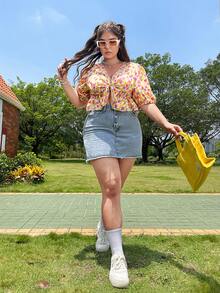 Plus Allover Floral Print Puff Sleeve Knot Front Peplum Blouse - Multicolor - View 3