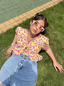 Plus Allover Floral Print Puff Sleeve Knot Front Peplum Blouse - Multicolor - View 5