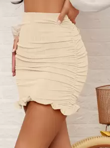 SHEIN BAE 高腰褶邊木耳邊包臀半身裙 - 杏色 - 查看 4