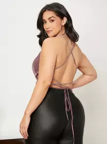 SHEIN BAE 大碼堆堆領交叉露背金屬質感吊帶上衣 - 藕粉色 - 查看 2