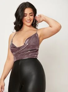 SHEIN BAE 大碼堆堆領交叉露背金屬質感吊帶上衣 - 藕粉色 - 查看 5