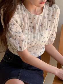 DAZY 小花卉蓬蓬袖上衣 - 白色 - 查看 1