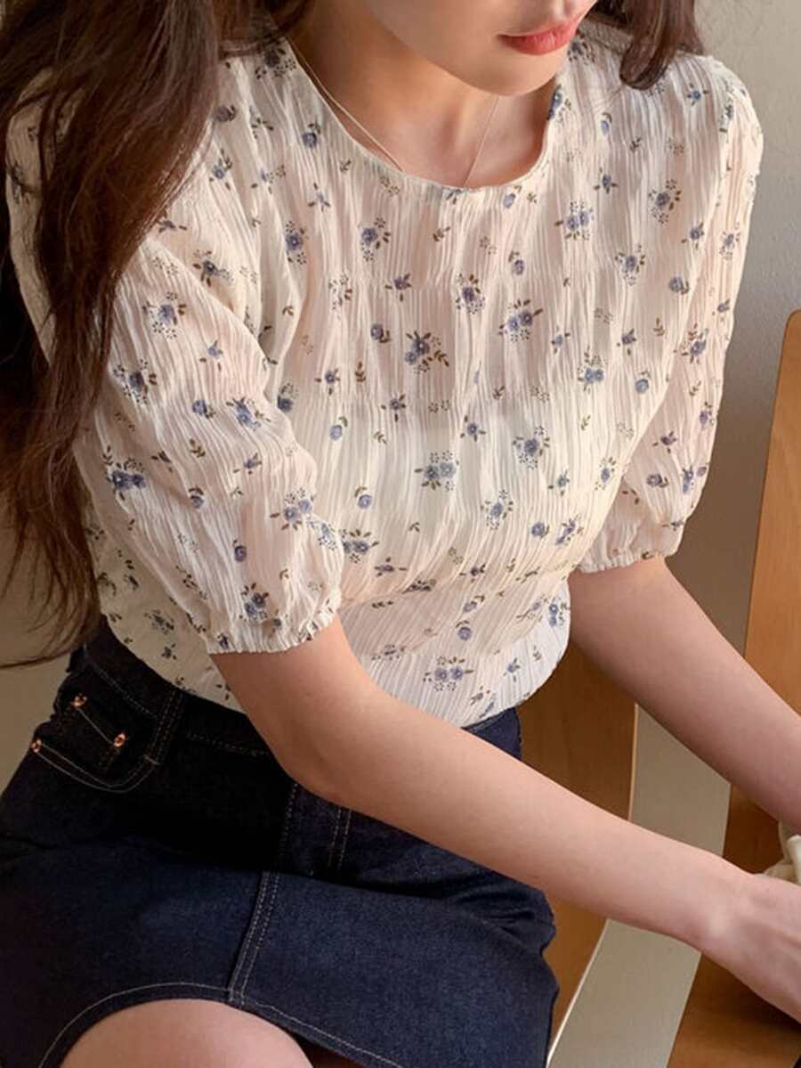 DAZY 小花卉蓬蓬袖上衣 - 白色 - 查看 1