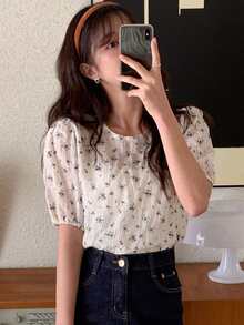 DAZY 小花卉蓬蓬袖上衣 - 白色 - 查看 7