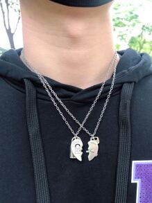 GuoShuang Fashionable And Popular 2pcs Men Letter Detail Heart Pendant Necklace Alloy For Jewelry Gift And For A Stylish Look Valentines - Antique Silver - View 4