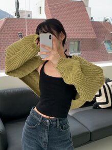 DAZY 净色露背罗纹针织挂脖上衣 - 黑色 - 查看 5