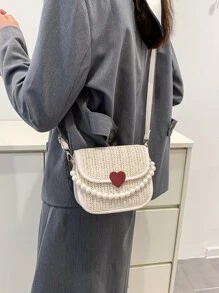 Mini Heart & Faux Pearl Decor Flap Straw Bag - Beige - View 4