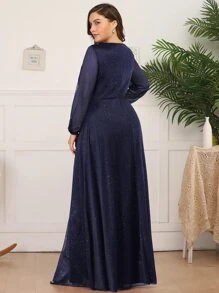 EVERPRETTY Plus Ruched Waist Split Hem Maxi Prom Dress - Navy Blue - View 2