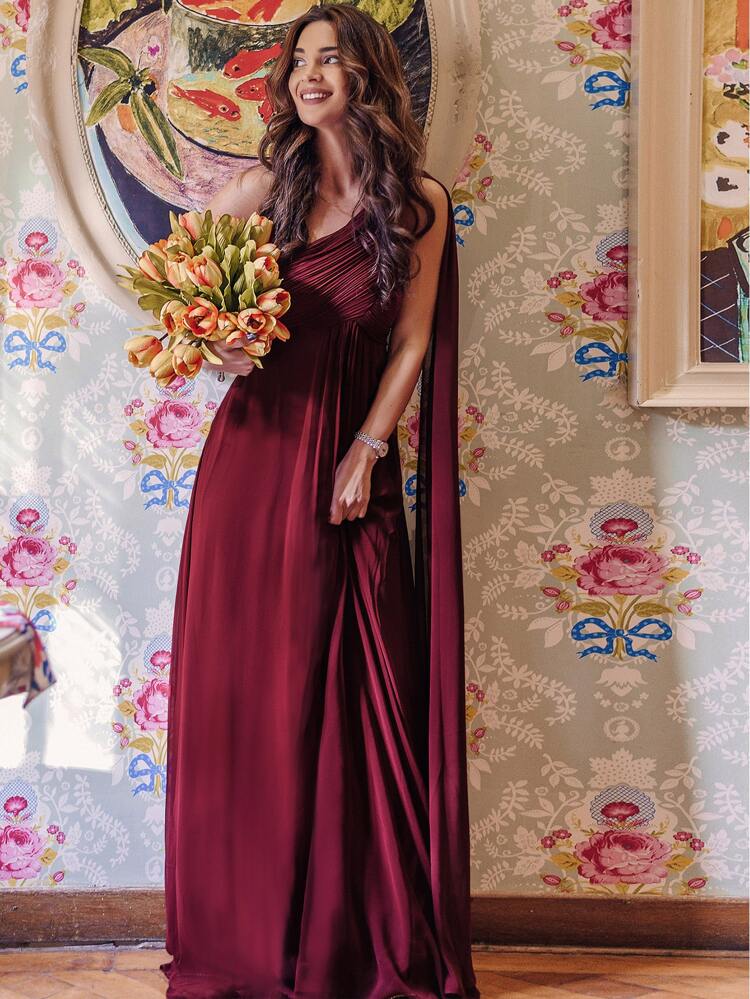 EVERPRETTY Ruched Bodice Asymmetrical Neck Cape Prom Dress, Bridesmaid Dress