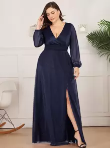 EVERPRETTY Plus Ruched Waist Split Hem Maxi Prom Dress - Navy Blue - View 3