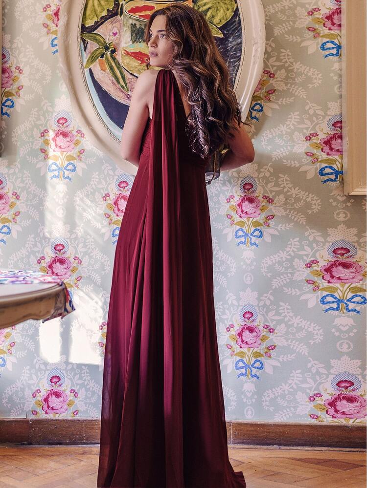 EVERPRETTY Ruched Bodice Asymmetrical Neck Cape Prom Dress, Bridesmaid Dress