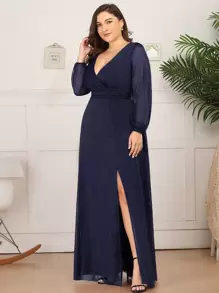 EVERPRETTY Plus Ruched Waist Split Hem Maxi Prom Dress - Navy Blue - View 4