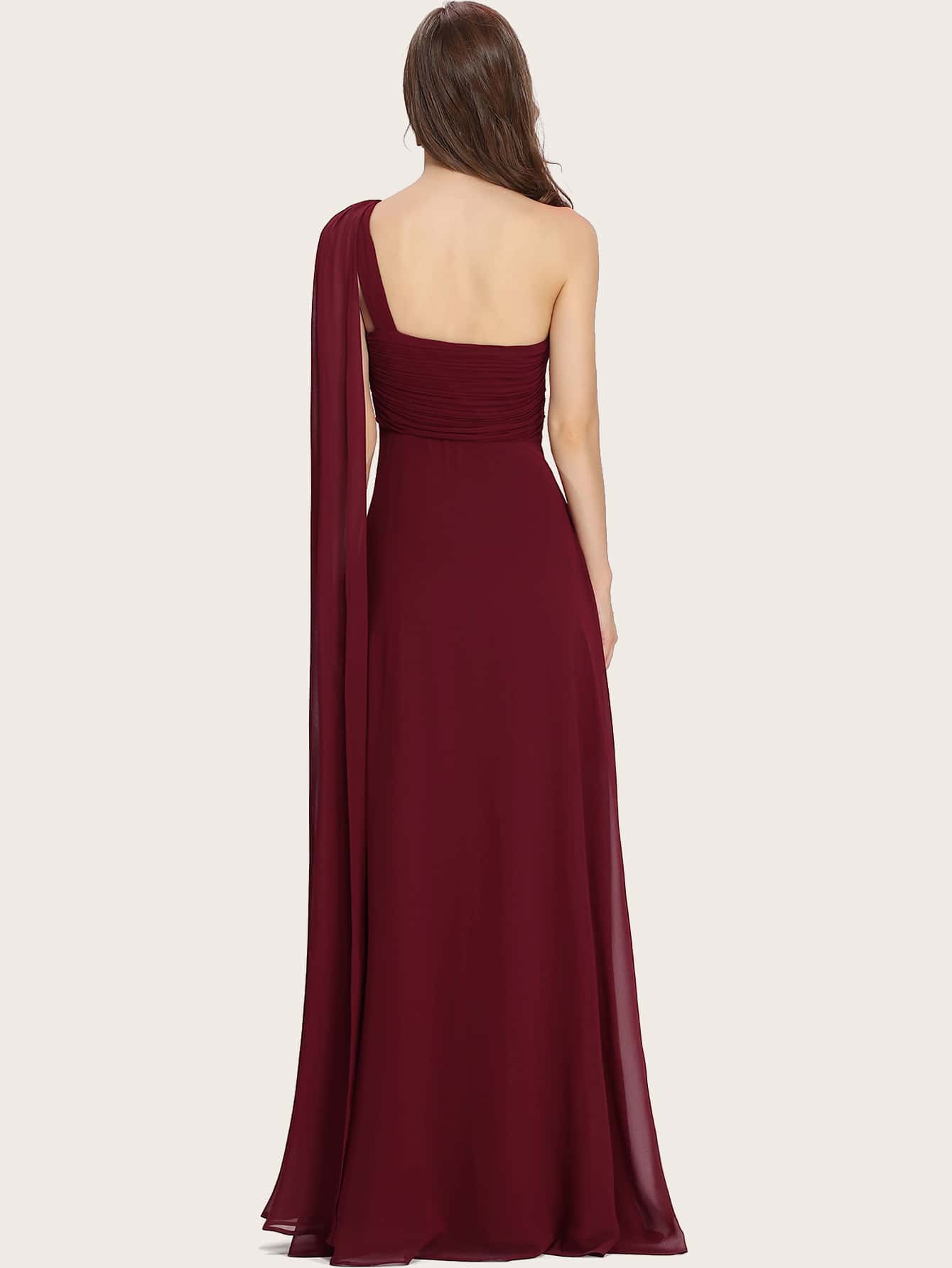 EVERPRETTY Ruched Bodice Asymmetrical Neck Cape Prom Dress, Bridesmaid Dress