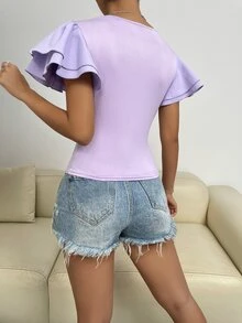 Solid Butterfly Sleeve Tee - Lilac Purple - View 2