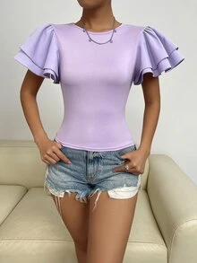 Solid Butterfly Sleeve Tee - Lilac Purple - View 3