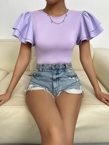 Solid Butterfly Sleeve Tee - Lilac Purple - View 5