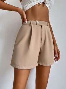 High Waist Fold Pleated Shorts - Khaki - View 3