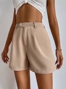 High Waist Fold Pleated Shorts - Khaki - View 4