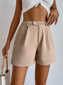 High Waist Fold Pleated Shorts - Khaki - View 6
